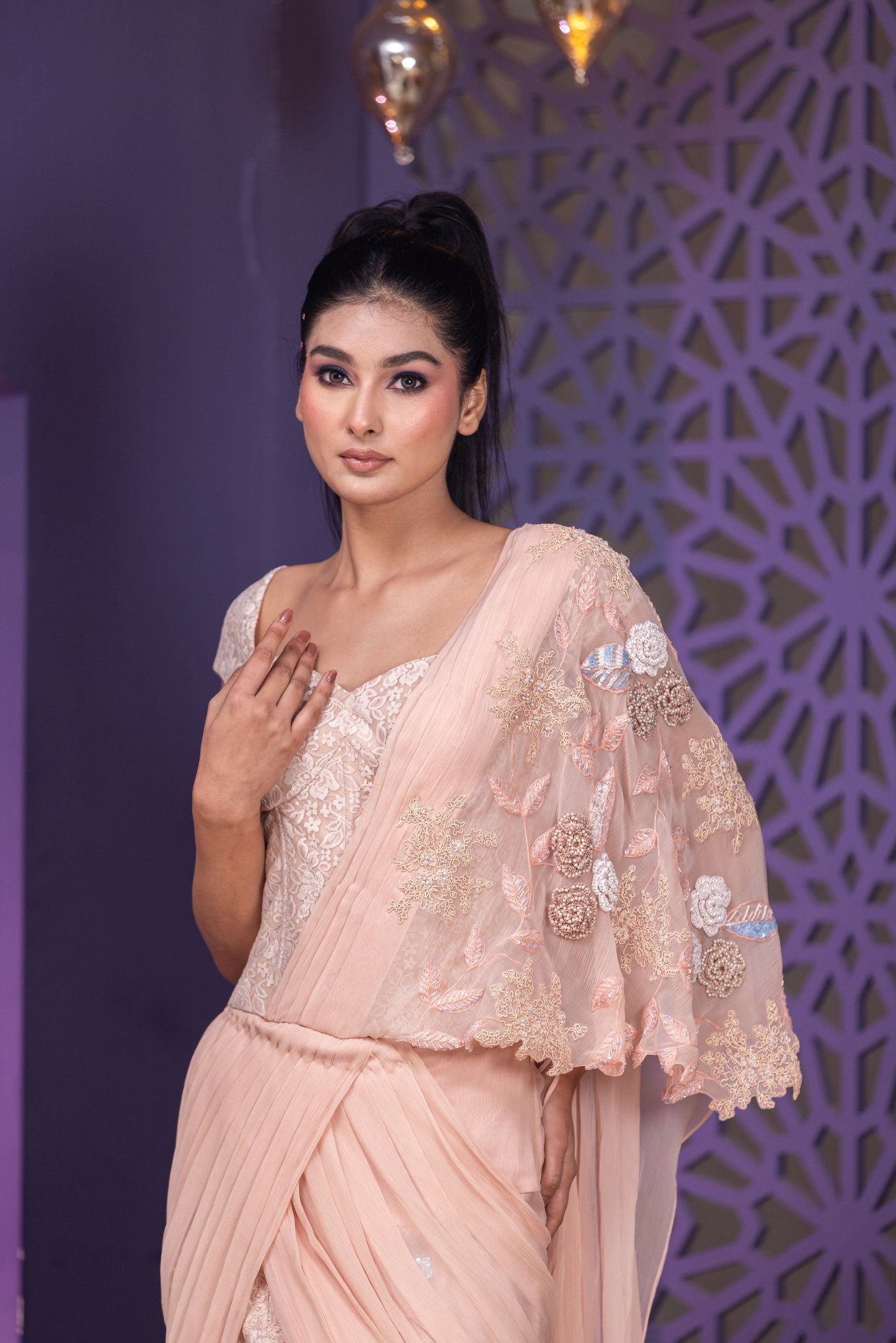 Statement Chandelier Corset With Chiffon Drape And Intricate Pearl Sequins And Urfa Work