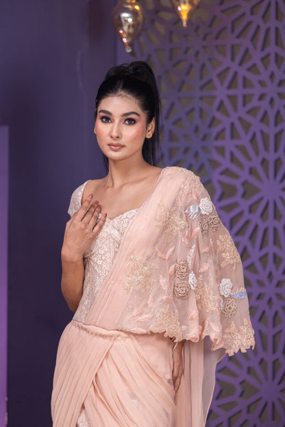 Statement Chandelier Corset With Chiffon Drape And Intricate Pearl Sequins And Urfa Work