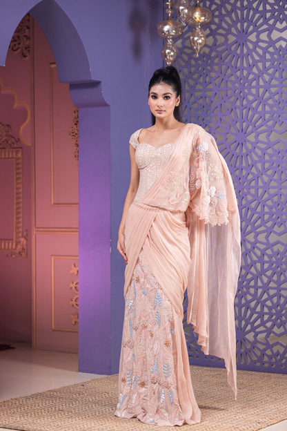 Statement Chandelier Corset With Chiffon Drape And Intricate Pearl Sequins And Urfa Work