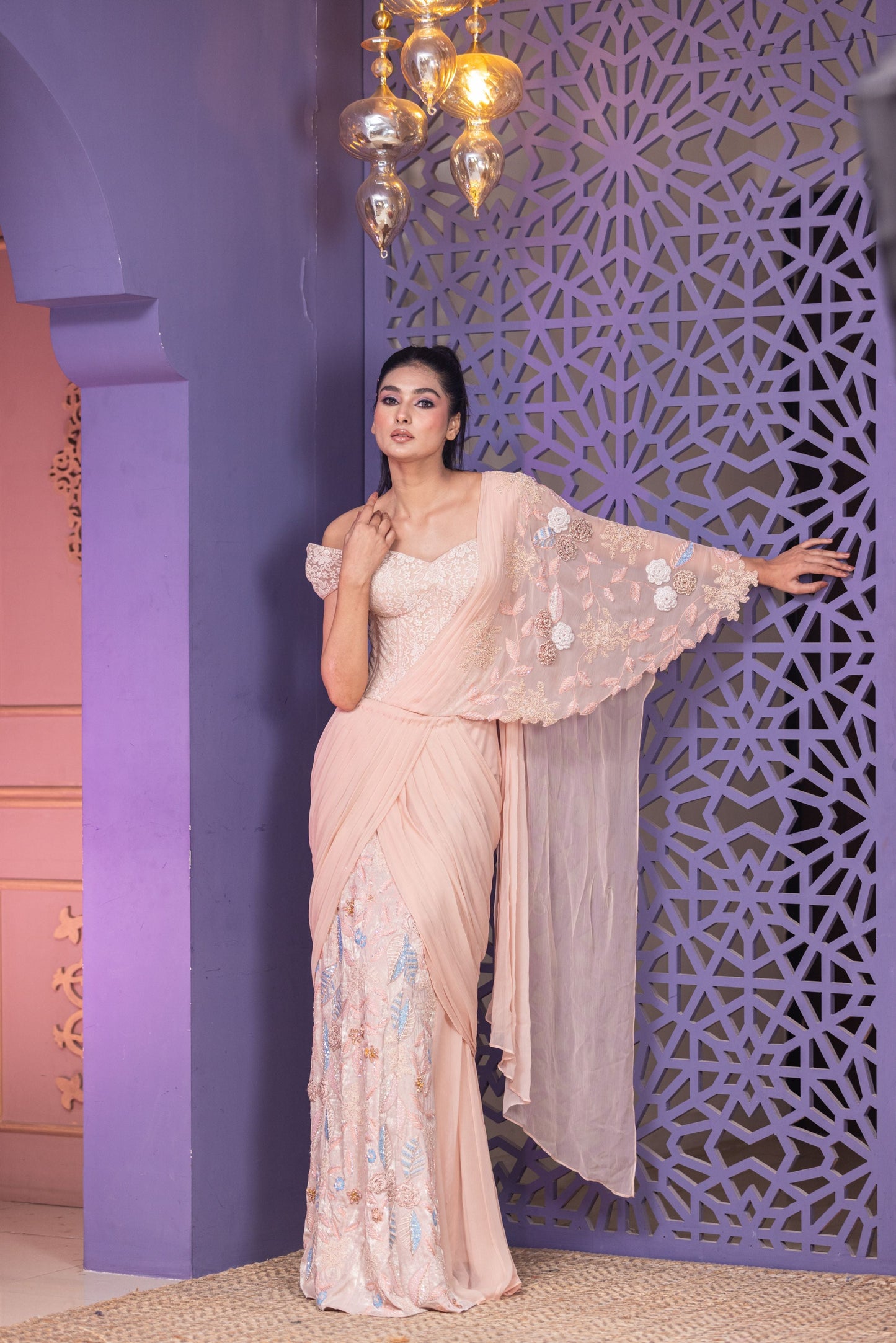 Statement Chandelier Corset With Chiffon Drape And Intricate Pearl Sequins And Urfa Work