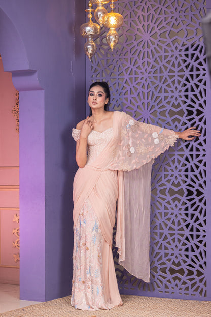 Statement Chandelier Corset With Chiffon Drape And Intricate Pearl Sequins And Urfa Work