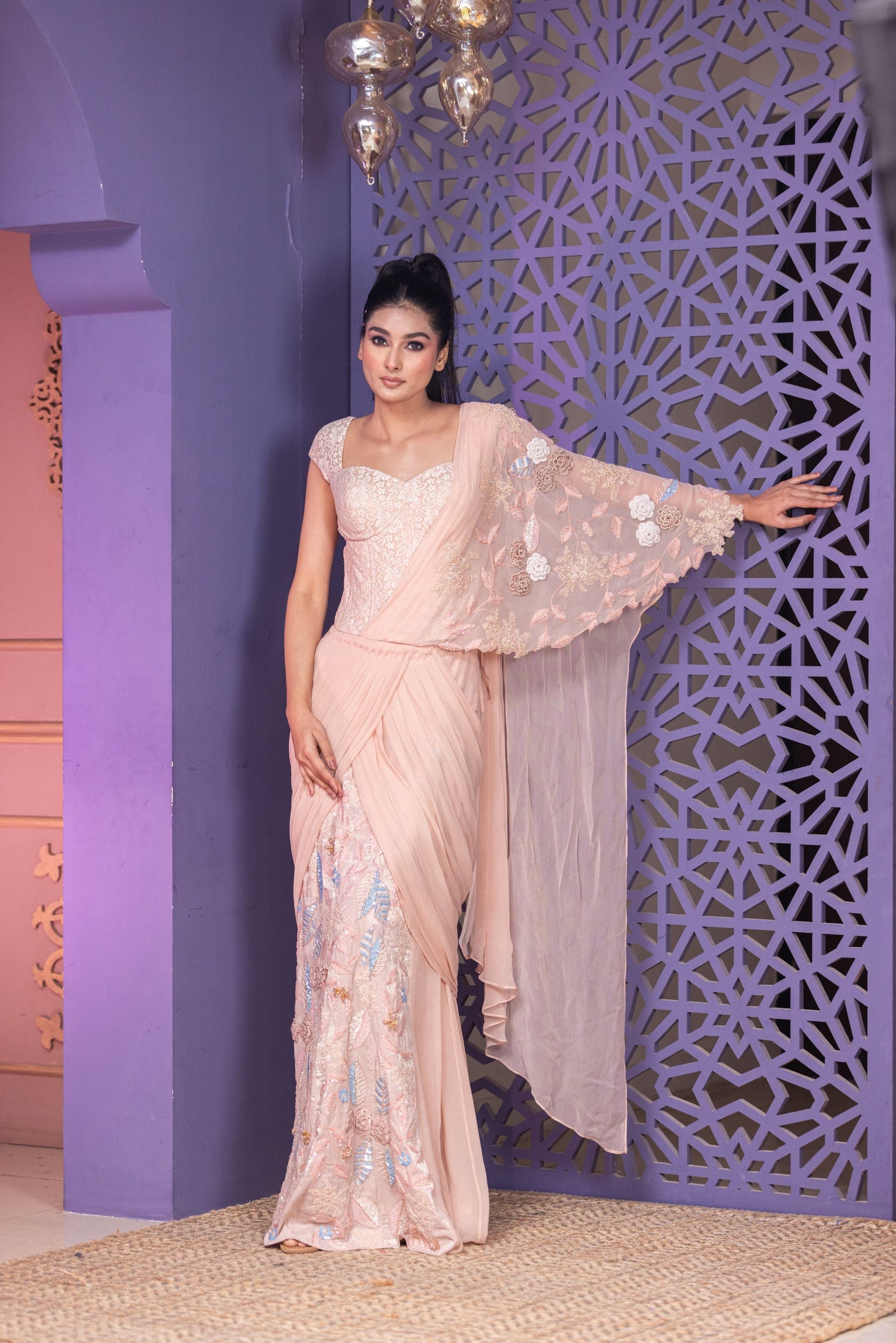 Statement Chandelier Corset With Chiffon Drape And Intricate Pearl Sequins And Urfa Work