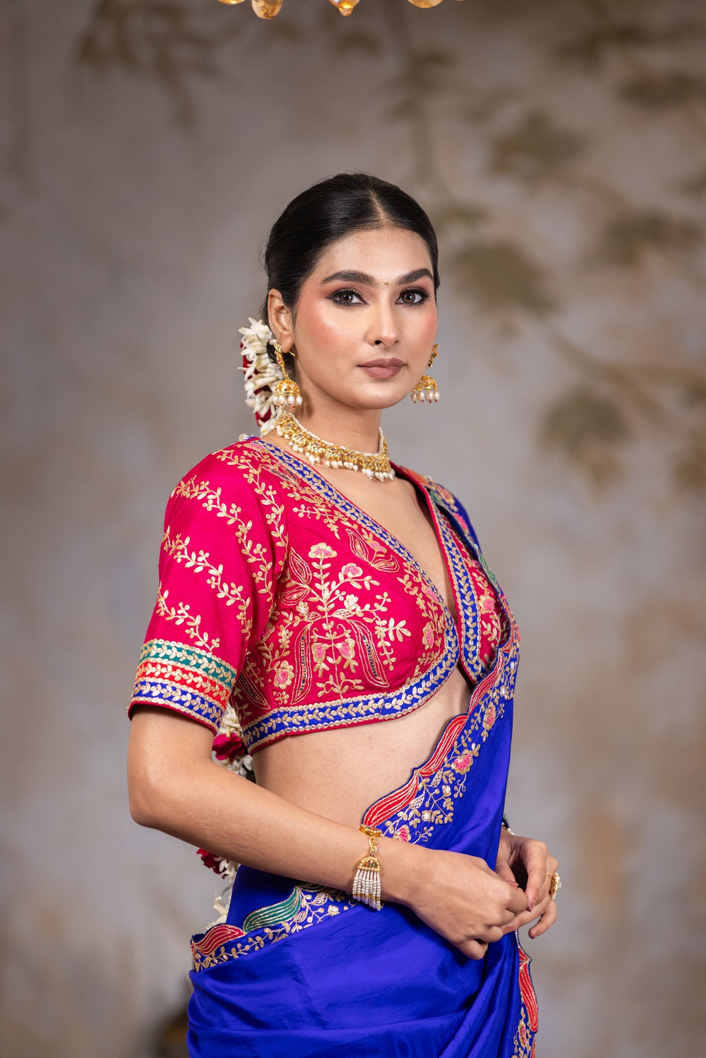 Royal Blue Party Wear Lehenga Saree with Contrast Magenta Handworked Blouse