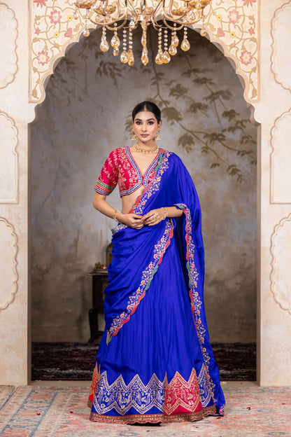 Royal Blue Party Wear Lehenga Saree with Contrast Magenta Handworked Blouse
