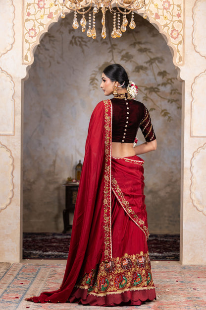 Royal Maroon Lehenga Saree With Elephant Peacock Zari Thread Border And Velvet Blouse