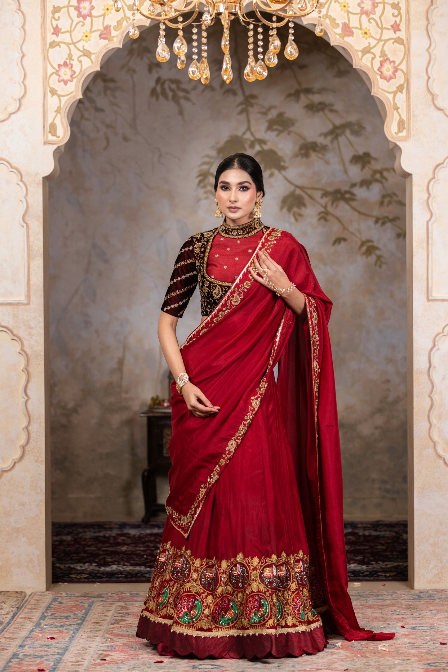 Royal Maroon Lehenga Saree With Elephant Peacock Zari Thread Border And Velvet Blouse