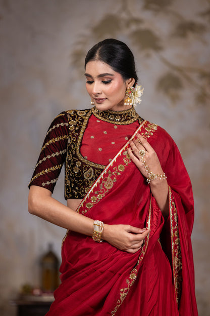 Royal Maroon Lehenga Saree With Elephant Peacock Zari Thread Border And Velvet Blouse