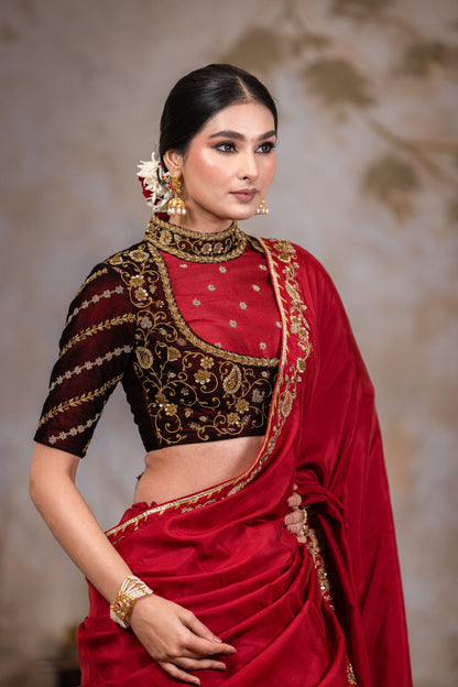 Royal Maroon Lehenga Saree With Elephant Peacock Zari Thread Border And Velvet Blouse