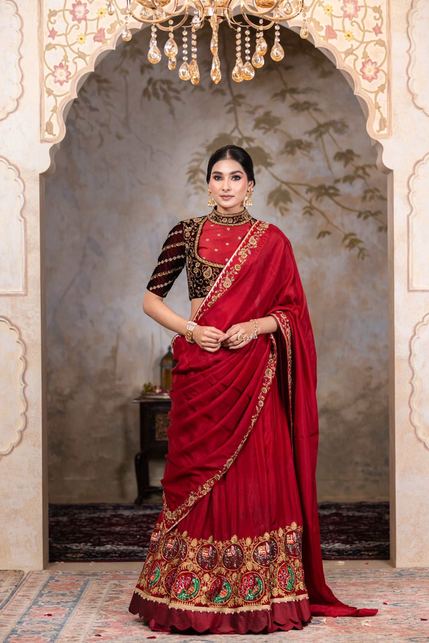 Royal Maroon Lehenga Saree With Elephant Peacock Zari Thread Border And Velvet Blouse
