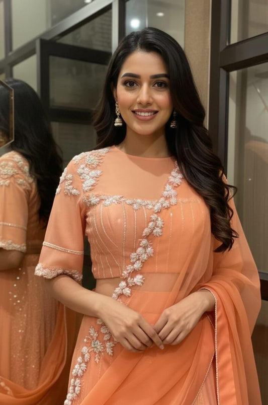 Designer Peach Lehenga Saree with Organza Lace and Sequin Detailing
