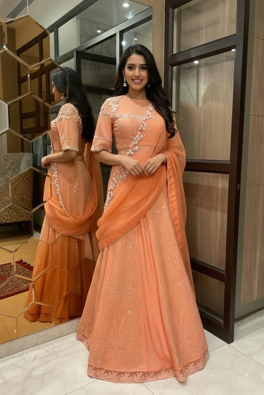 Designer Peach Lehenga Saree with Organza Lace and Sequin Detailing