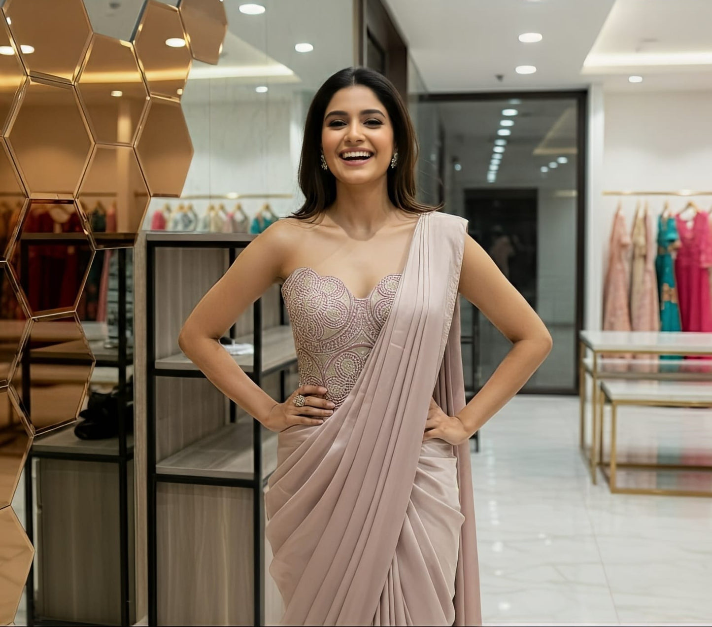 Elegant Dusky Mauve Dress with Intricate Thread and Sequin Detailing