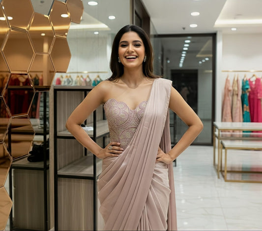 Elegant Dusky Mauve Dress with Intricate Thread and Sequin Detailing