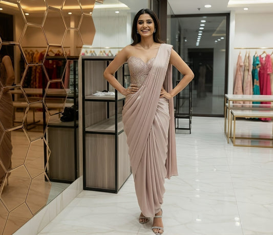 Elegant Dusky Mauve Dress with Intricate Thread and Sequin Detailing