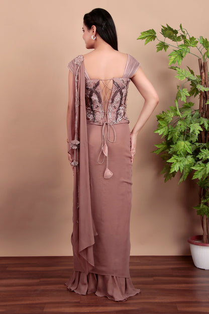 Mouse Grey Draped Saree with Floral-Geometric Hand-Embroidered Blouse and Pearl-Accented Drape
