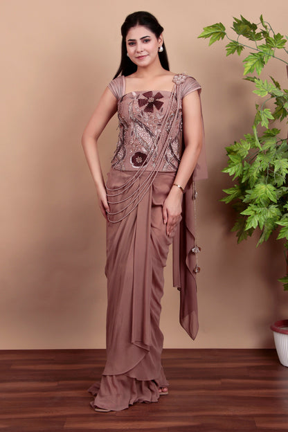 Mouse Grey Draped Saree with Floral-Geometric Hand-Embroidered Blouse and Pearl-Accented Drape