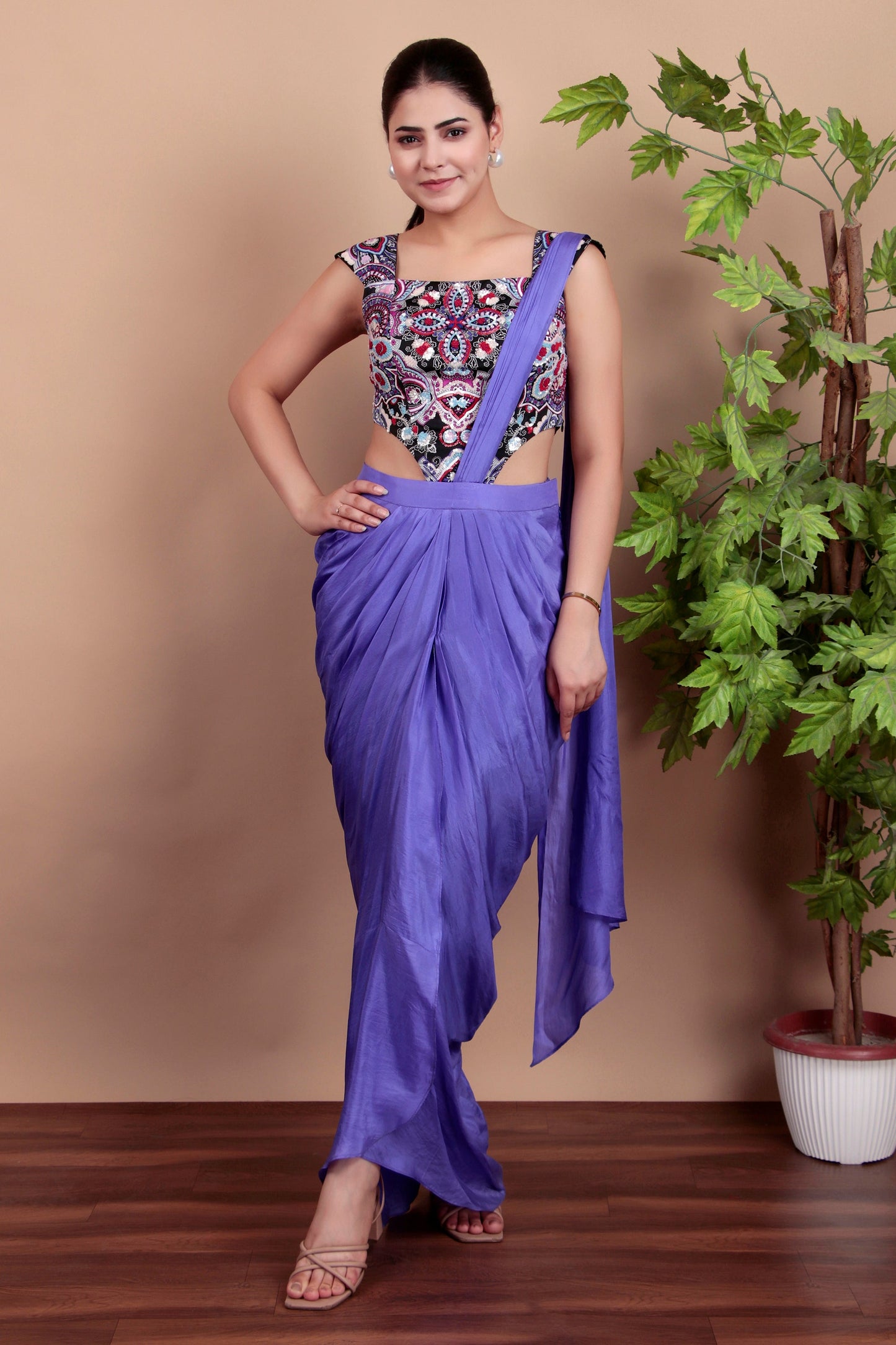 Luxury Draped Saree Ensemble with Hand-Embroidered Multicolor Blouse