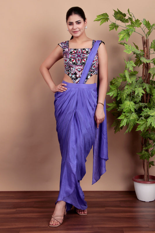 Luxury Draped Saree Ensemble with Hand-Embroidered Multicolor Blouse