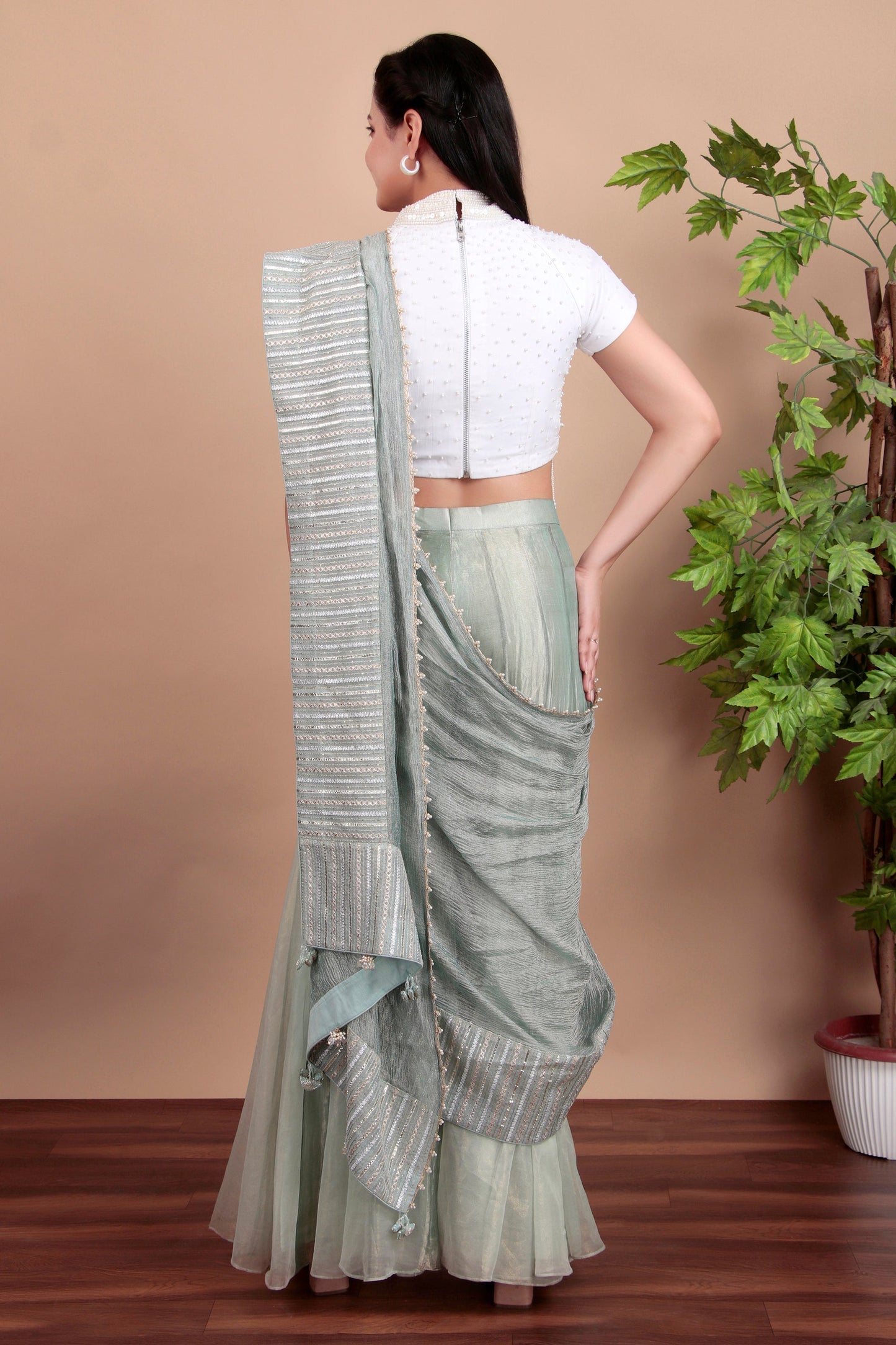 Pastel Green Fusion Plazo Saree with Hand-Embroidered Pallu and Bead-Work Blouse