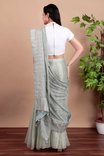 Pastel Green Fusion Plazo Saree with Hand-Embroidered Pallu and Bead-Work Blouse