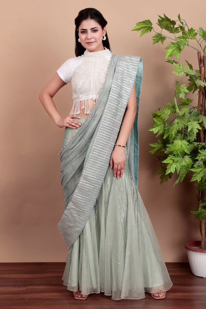 Pastel Green Fusion Plazo Saree with Hand-Embroidered Pallu and Bead-Work Blouse