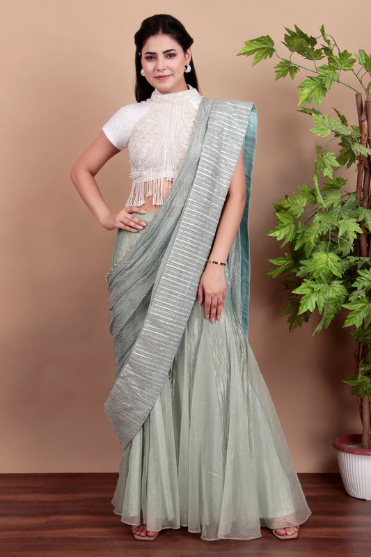 Pastel Green Fusion Plazo Saree with Hand-Embroidered Pallu and Bead-Work Blouse