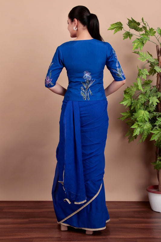 Festive Royal Blue Ensemble with Artistic Floral Jacket and Sequin Work