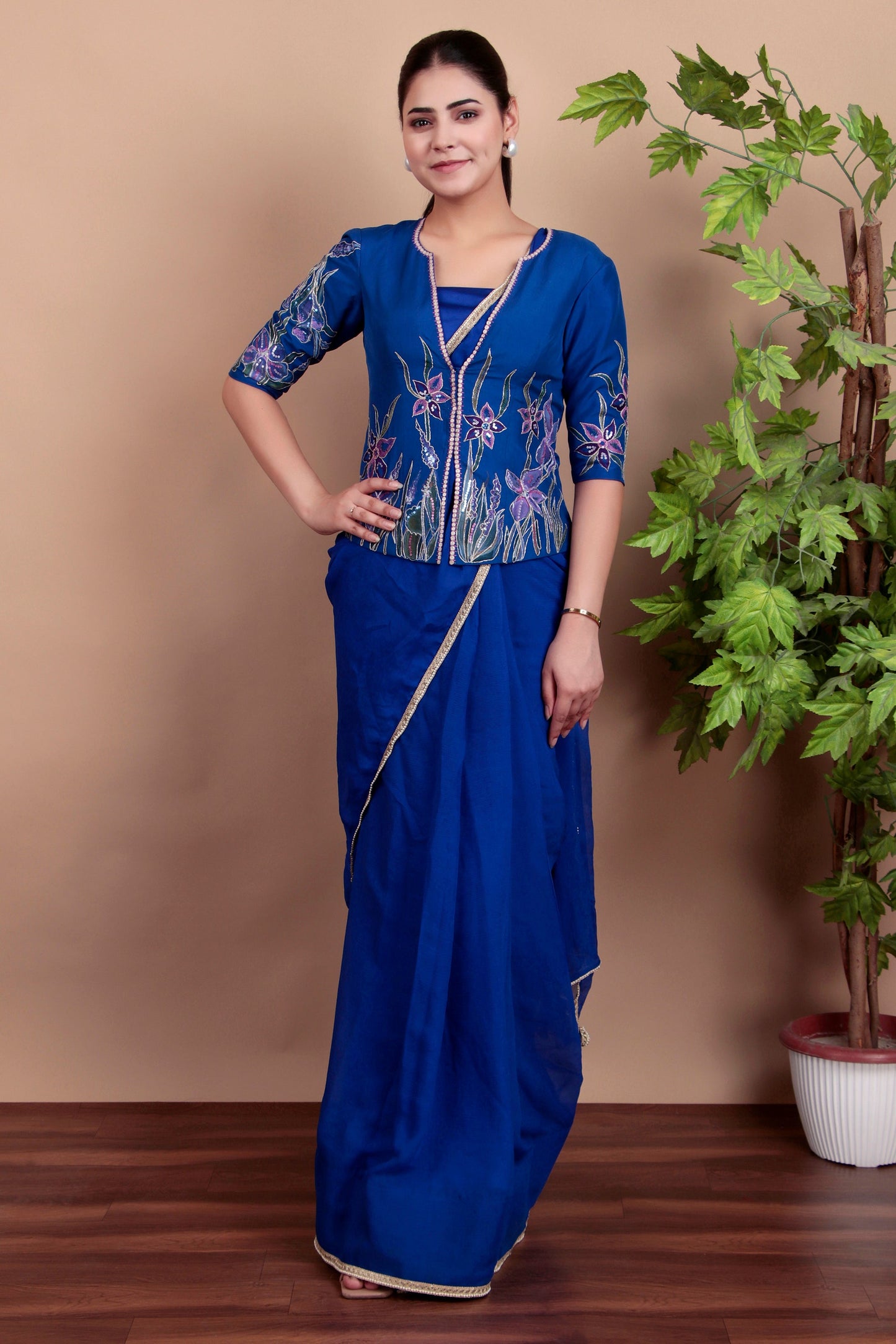 Festive Royal Blue Ensemble with Artistic Floral Jacket and Sequin Work