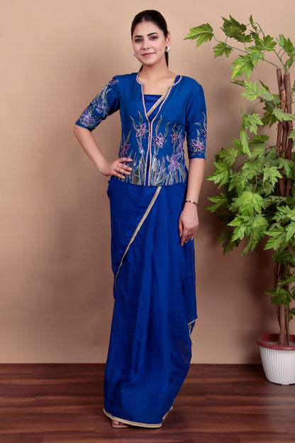 Festive Royal Blue Ensemble with Artistic Floral Jacket and Sequin Work