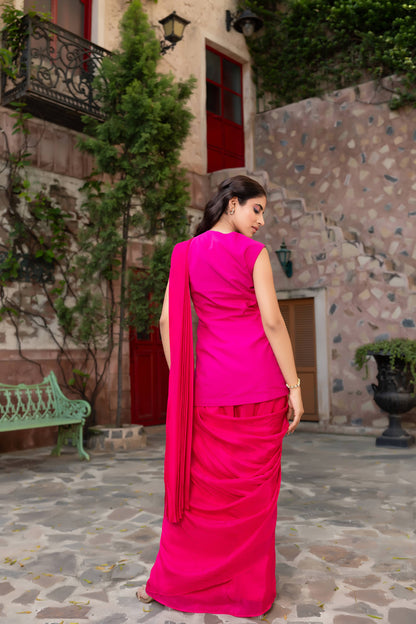 Magenta Draped Saree With Intricate Embroidered Sleeveless Blouse