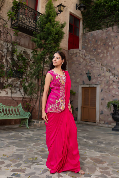 Magenta Draped Saree With Intricate Embroidered Sleeveless Blouse