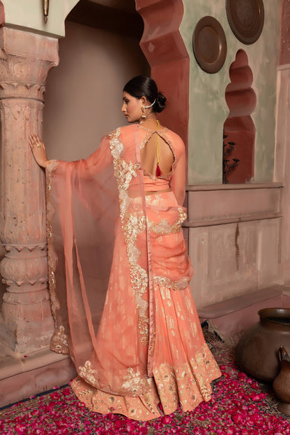 Brick Peach Lehenga Saree With Organza Pallu & Heavy Golden Peacock Hand Embroidery