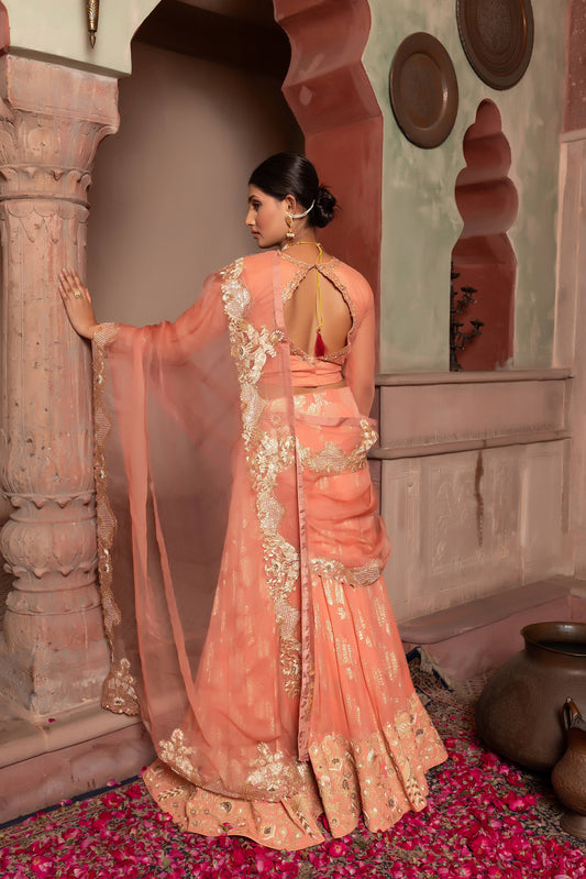 Brick Peach Lehenga Saree With Organza Pallu & Heavy Golden Peacock Hand Embroidery