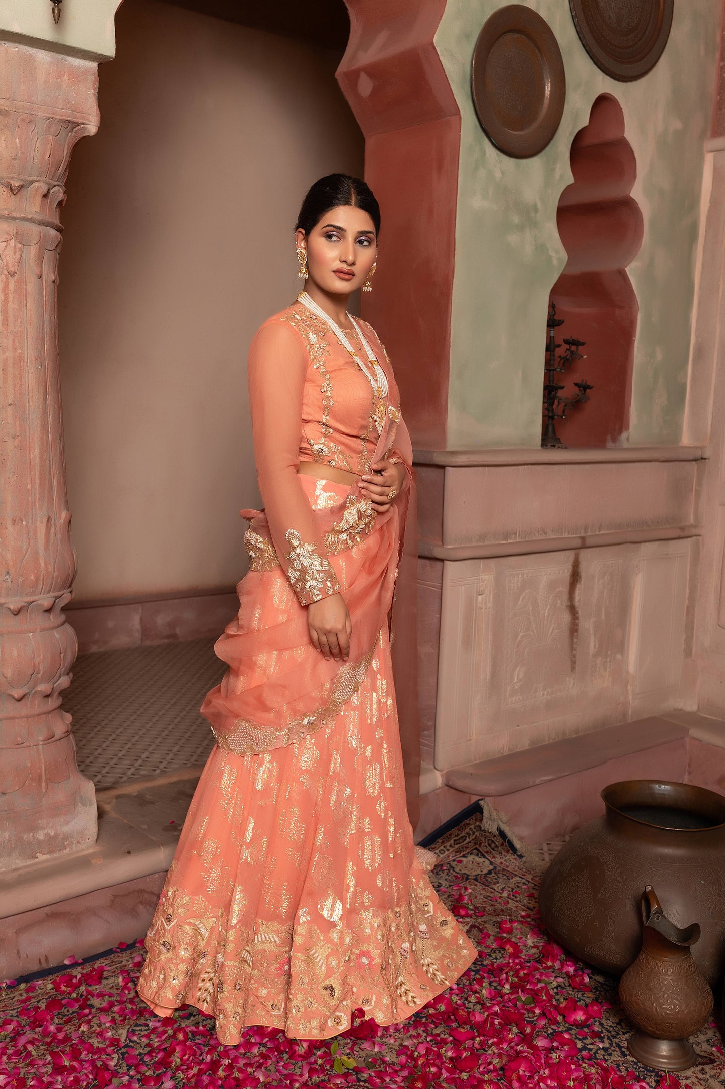 Brick Peach Lehenga Saree With Organza Pallu & Heavy Golden Peacock Hand Embroidery