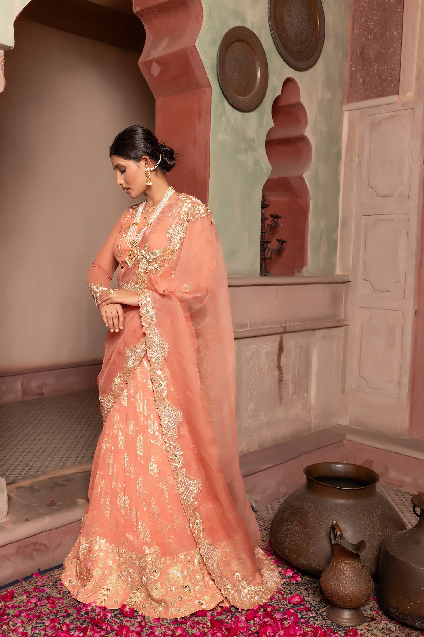 Brick Peach Lehenga Saree With Organza Pallu & Heavy Golden Peacock Hand Embroidery