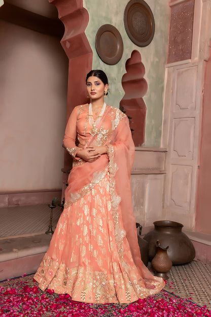 Brick Peach Lehenga Saree With Organza Pallu & Heavy Golden Peacock Hand Embroidery