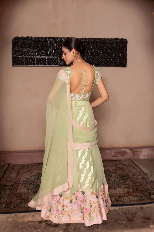 Luxury Sea Green Lehenga Saree With Pearl Bead And Thread Work Blouse