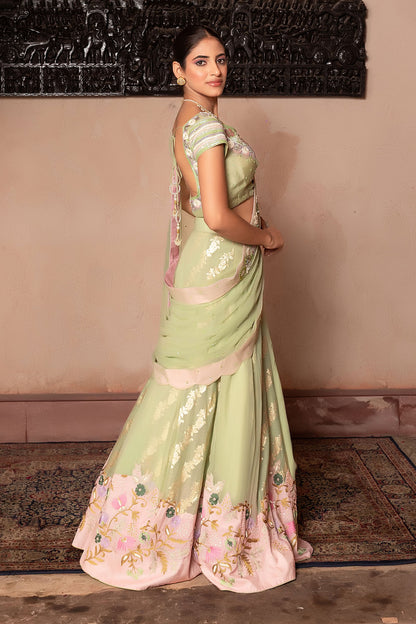 Luxury Sea Green Lehenga Saree With Pearl Bead And Thread Work Blouse