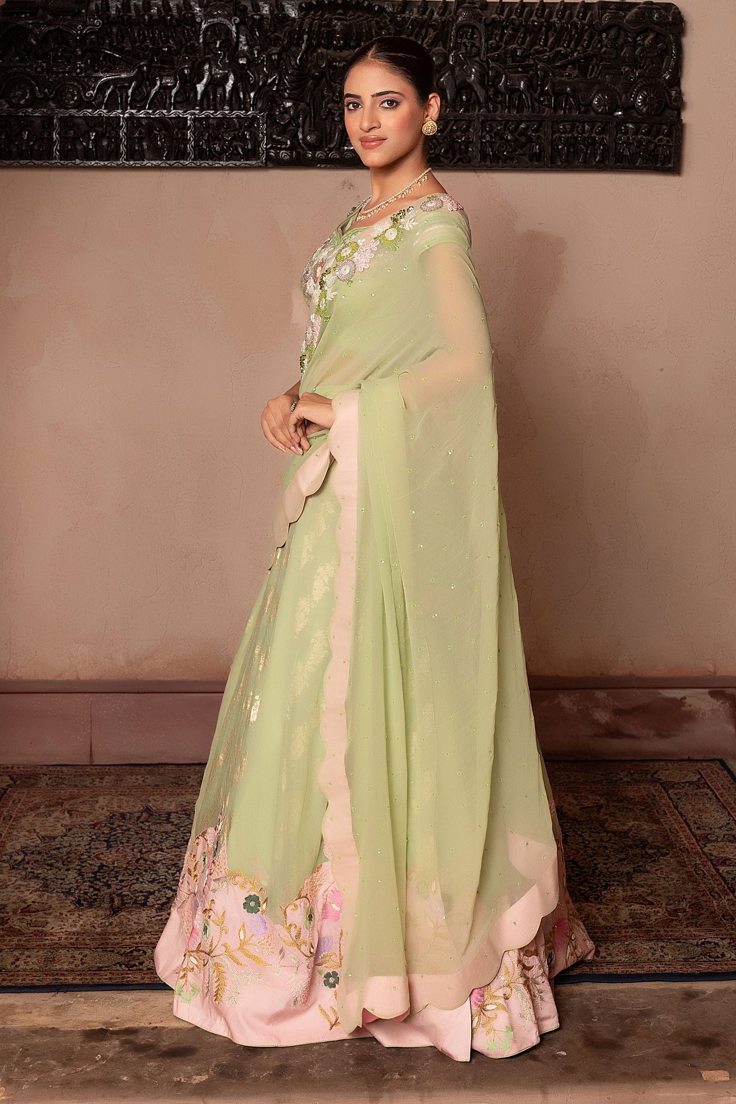 Luxury Sea Green Lehenga Saree With Pearl Bead And Thread Work Blouse