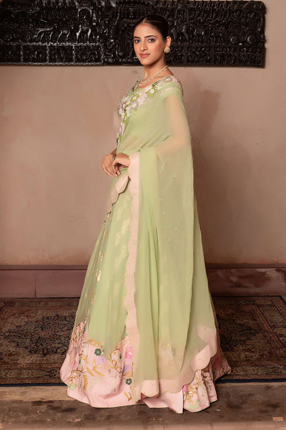 Luxury Sea Green Lehenga Saree With Pearl Bead And Thread Work Blouse