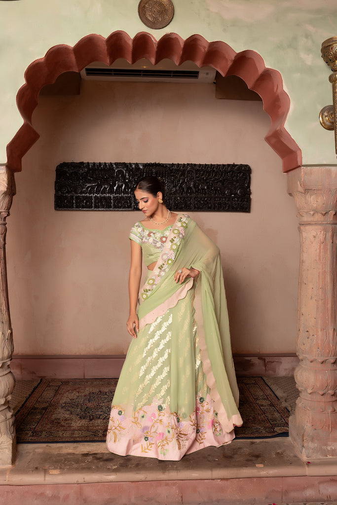 Sea green lehanga saree with heavy handwork blouse & attached pallu