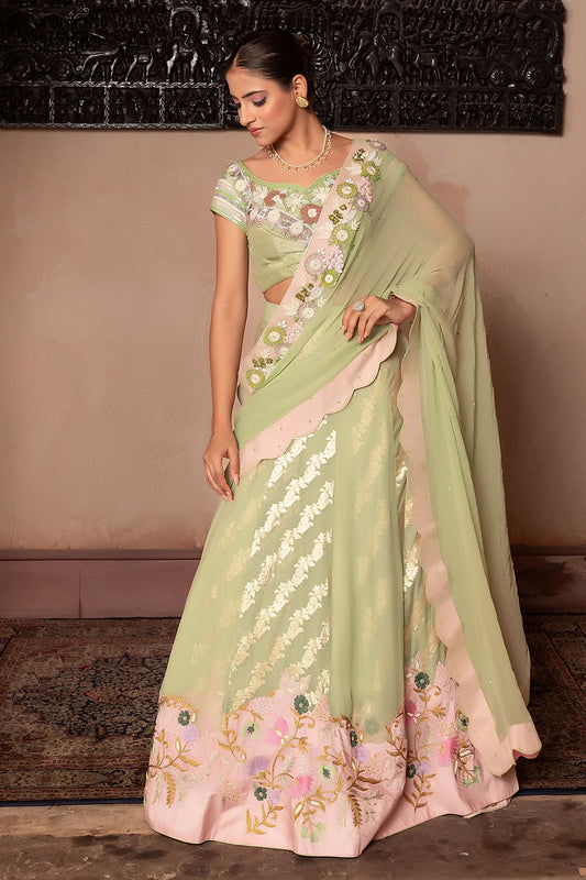 Luxury Sea Green Lehenga Saree With Pearl Bead And Thread Work Blouse