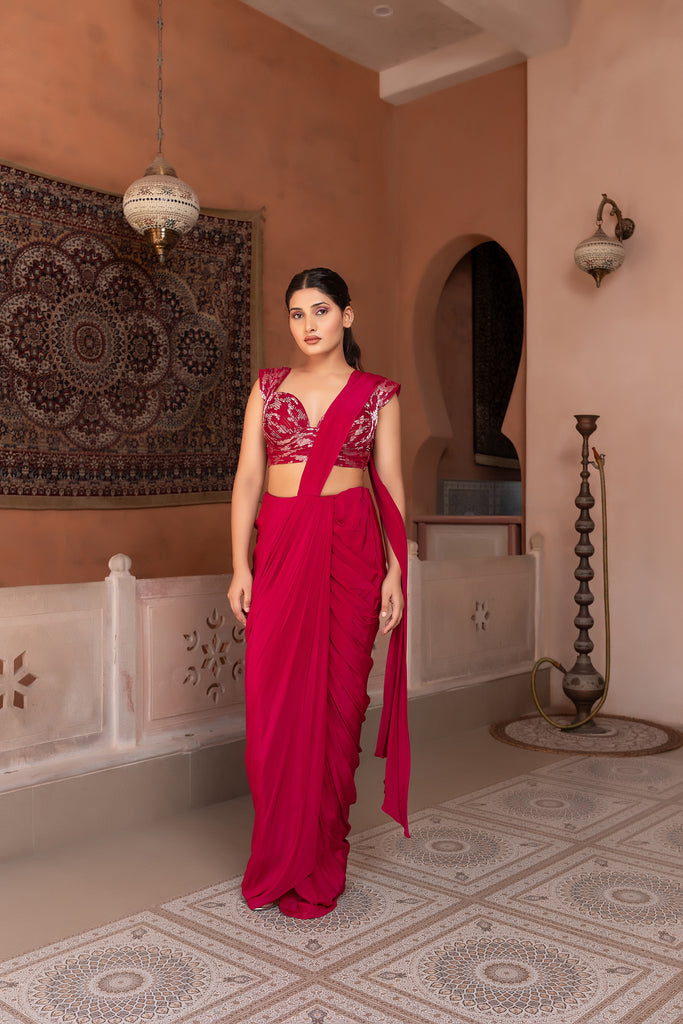Wine Drape Saree With Wired Blouse