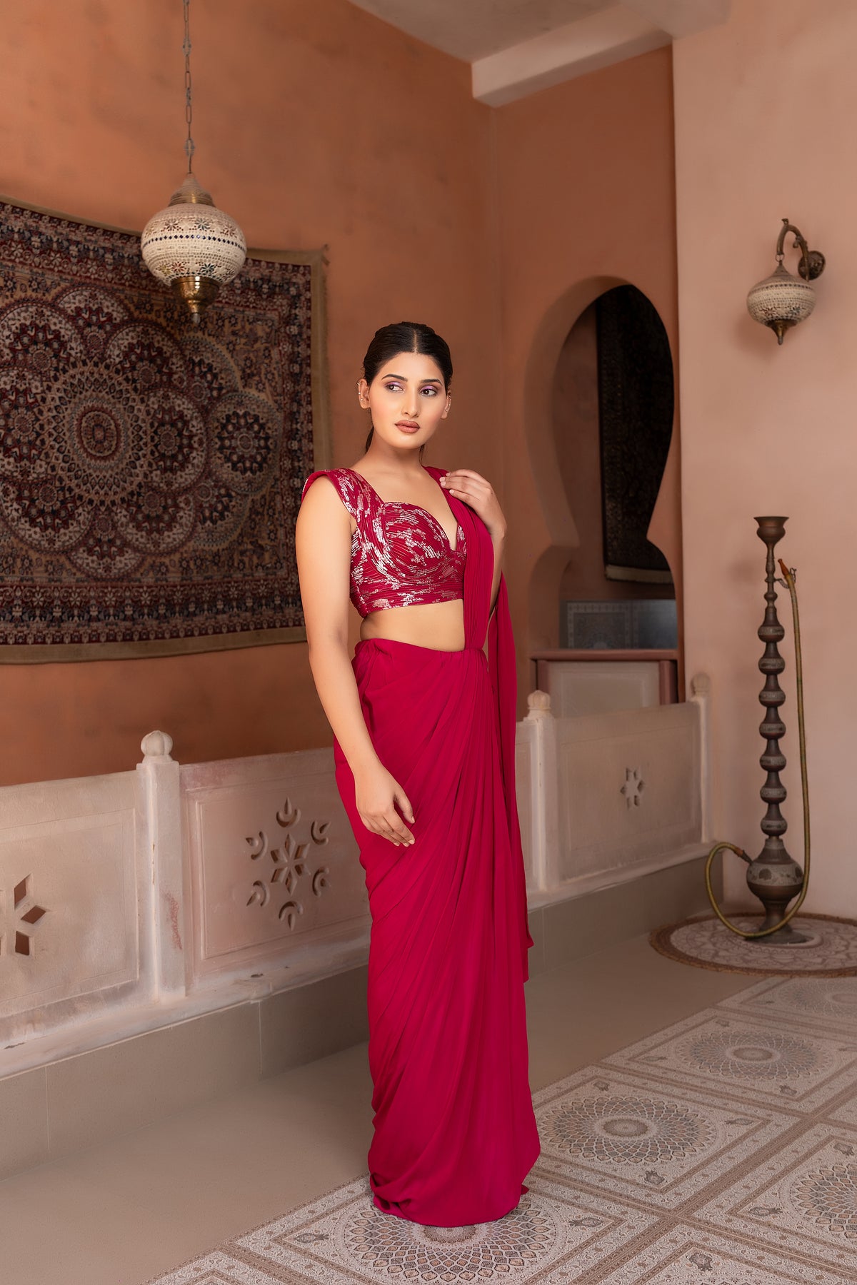 Wine Drape Saree With Wired Blouse