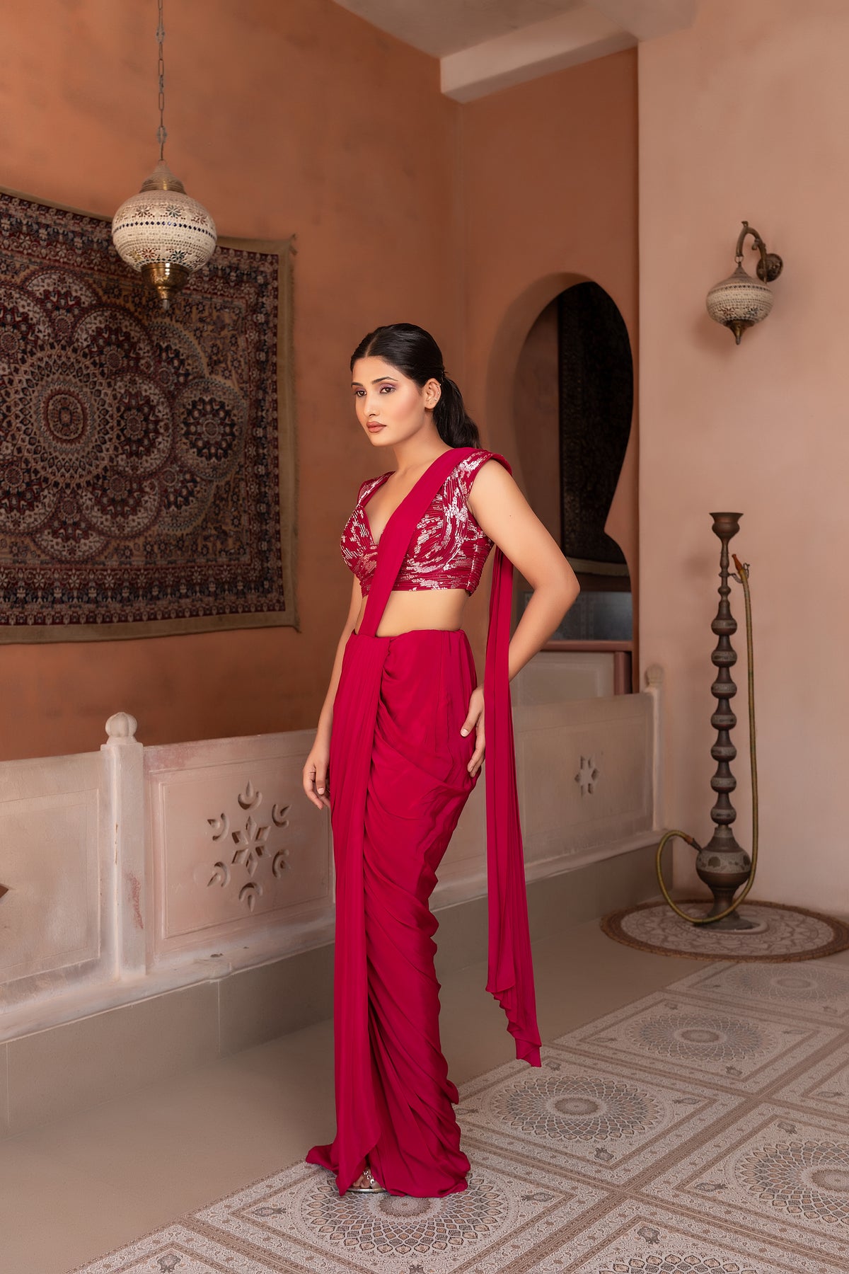 Wine Drape Saree With Wired Blouse