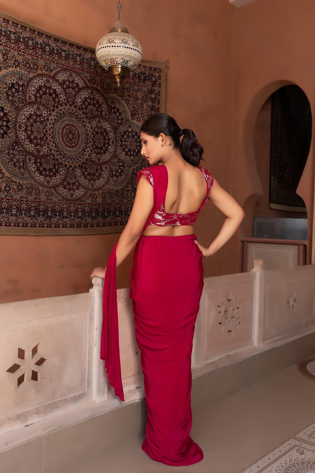 Wine Drape Saree With Wired Blouse