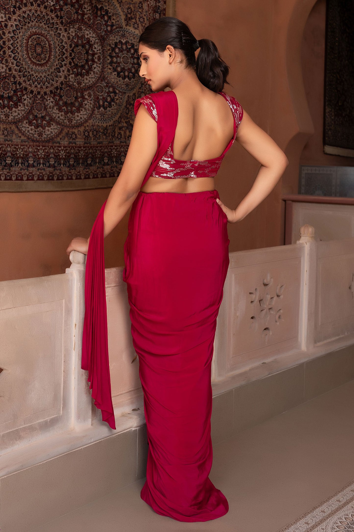 Designer Wine Draped Saree With Structured Wired Blouse