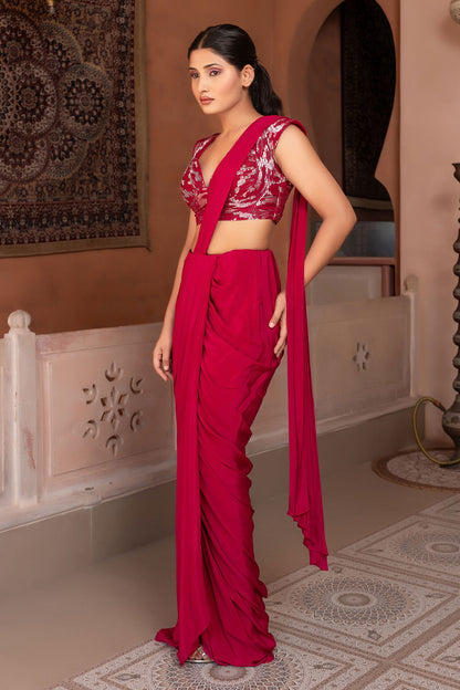 Designer Wine Draped Saree With Structured Wired Blouse