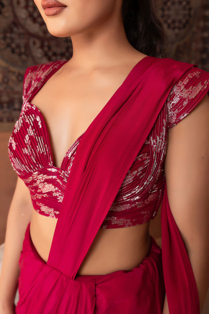 Designer Wine Draped Saree With Structured Wired Blouse