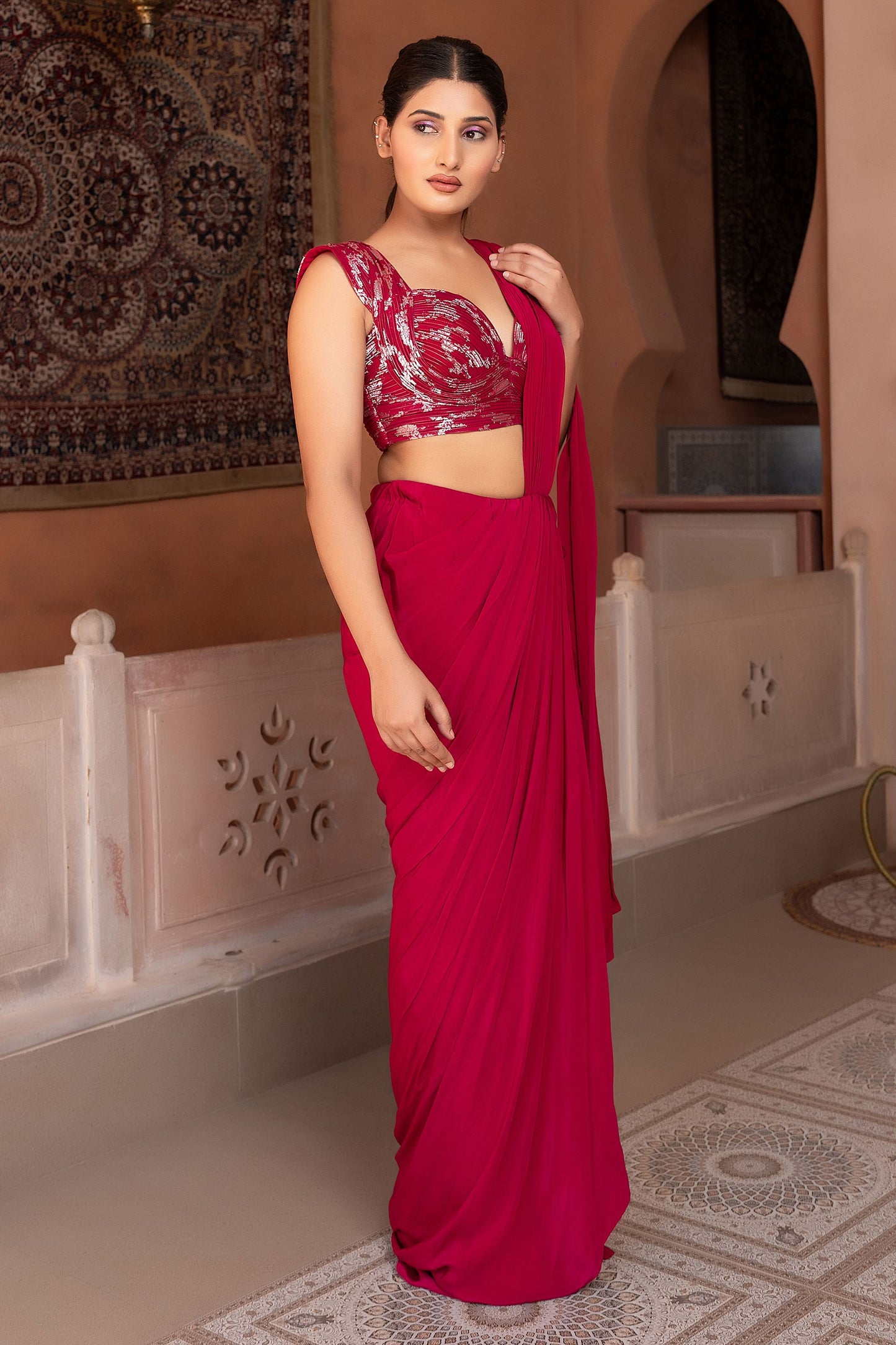 Designer Wine Draped Saree With Structured Wired Blouse